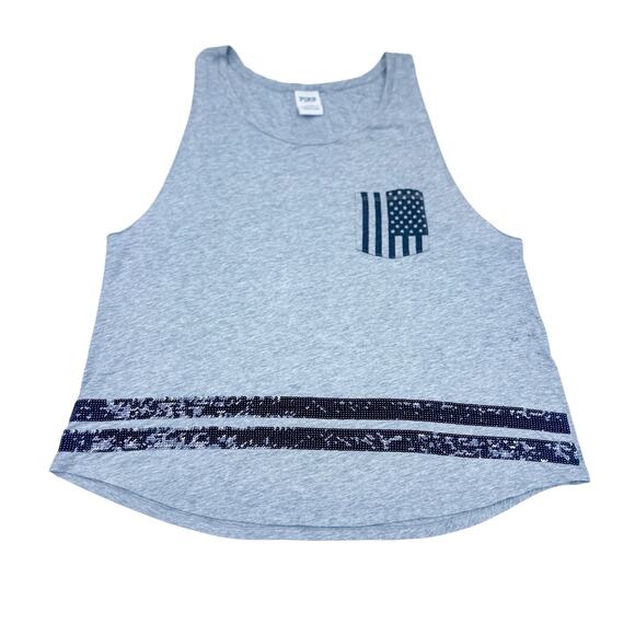 Victoria's Secret PINK Gray Tank Top - Sequin Flag Pocket & PINK Back - Size L - Picture 3 of 4